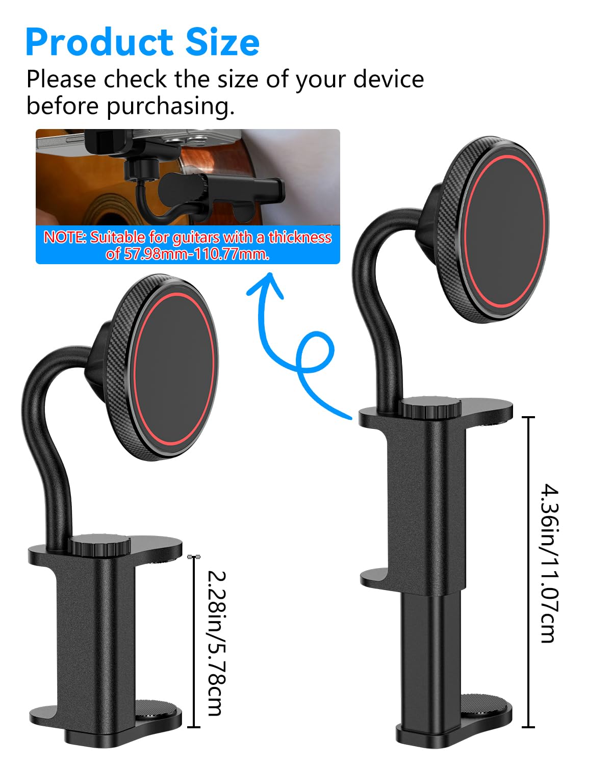 Supporto Magnetico per Telefono a Chitarra, Supporto Universale per Smartphone per Chitarra, Basso,Ukulele, Regolazione 360°, Ideale per Registrazioni Video/Streaming Live/Insegnamento Online