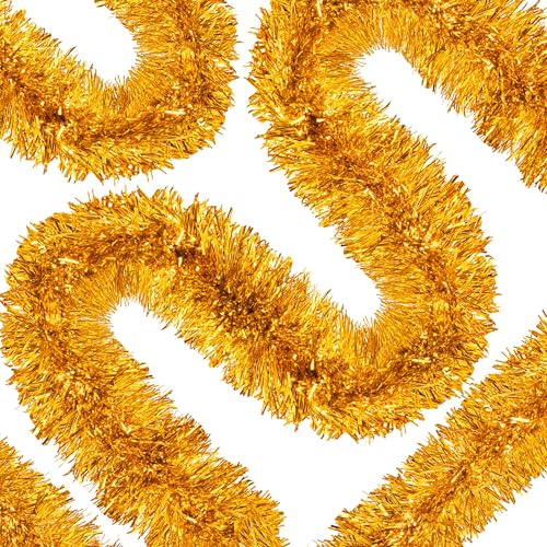 Image of 50 Ft Christmas Tinsel Garland Gold Thick Tinsel Garland Xmas Tree Decorations Metallic Tinsel Twist Garland for Christmas, Birthday, Party Decor Indoor Outdoor Party Supplies