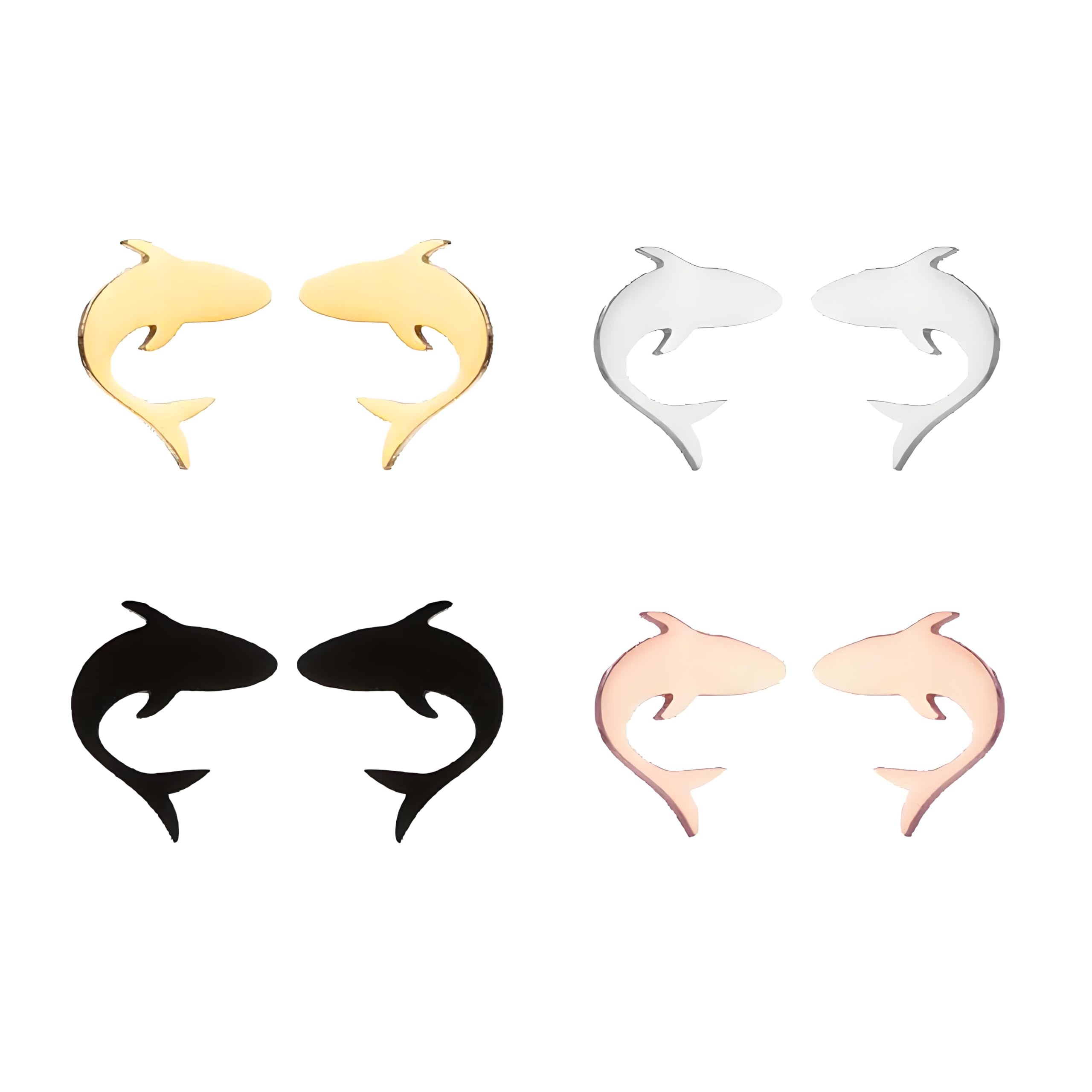 Dreuyet 4 Pairs Tiny Whale/Little Shark Stud Earrings Stainless Steel Minimalist Fish Cartilage Ear Piercing Studs Cute Animal Earrings for Women