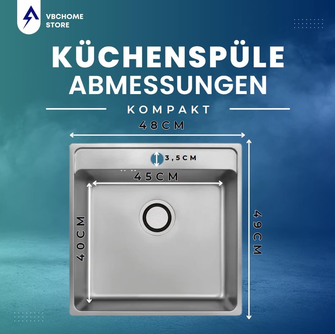 VBChome Edelstahlspüle mit Armatur 49 x 48 x 21 cm Inox Glatt Edelstahl Einbauspüle mit Hahnloch Küchenspüle Spüle Groß Becken Siphon Edelstahlspüle Armatur Inox mit ausziehbarem Auslauf