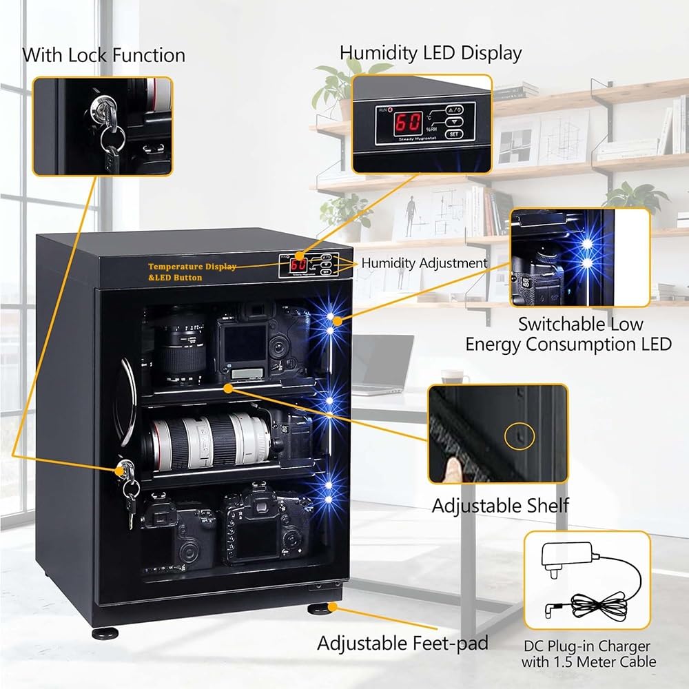 Gabinete seco digital para lente de cámara y equipo, deshumidificador electrónico silencioso con control de humedad ajustable