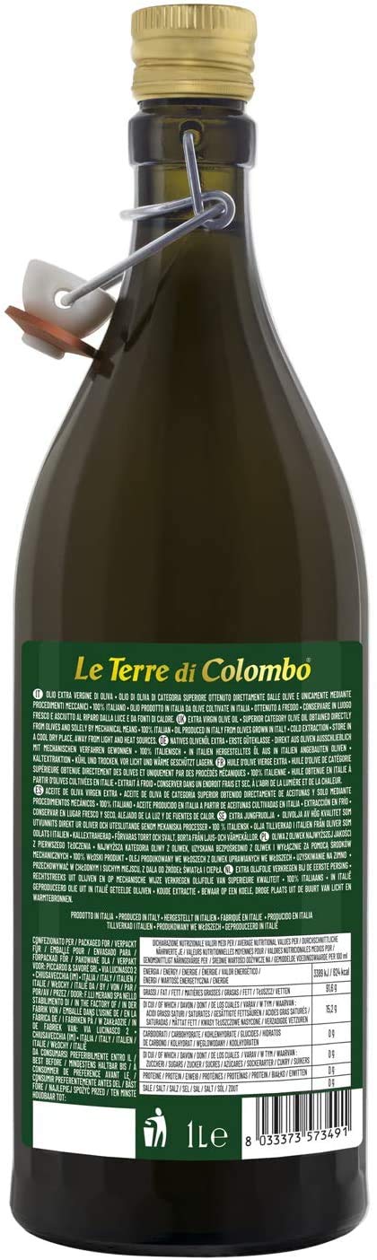 Le Terre di Colombo Aceite de oliva virgen extra 100 % italiano, botella con estrías y tapón mecánico, 1 L + Aceitunas Taggiasca sin hueso en aceite de oliva virgen extra (36 %), 500 g