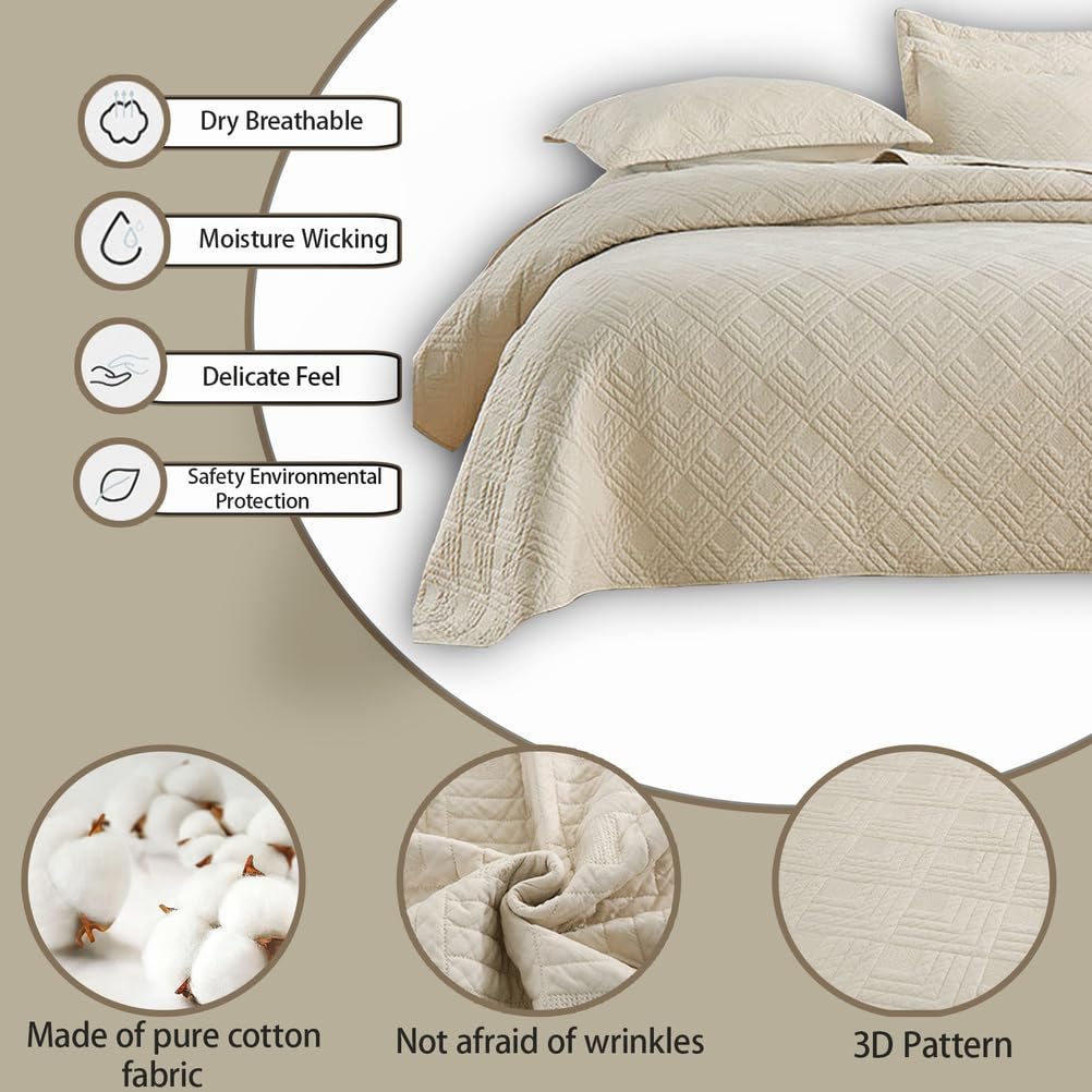 Genérico Colcha para Cama de, Colcha de Microfibra, con 2 Fundas de Almohada, Suave y Ligera, para Todas Las Estaciones,Beige,250x270+50x70