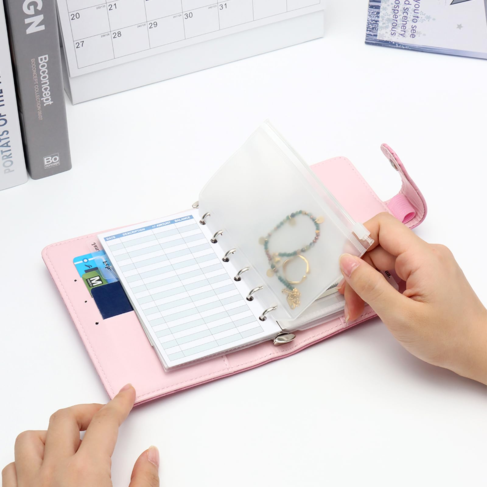 NatSumeBasics Raccoglitore A7 con Portafoglio per Buste di Contanti in Pelle PU, Raccoglitore di Bilancio con Copertina per Notebook a Motivo Coccodrillo, 6 Anelli per Organizzatore, Diario da Viaggio