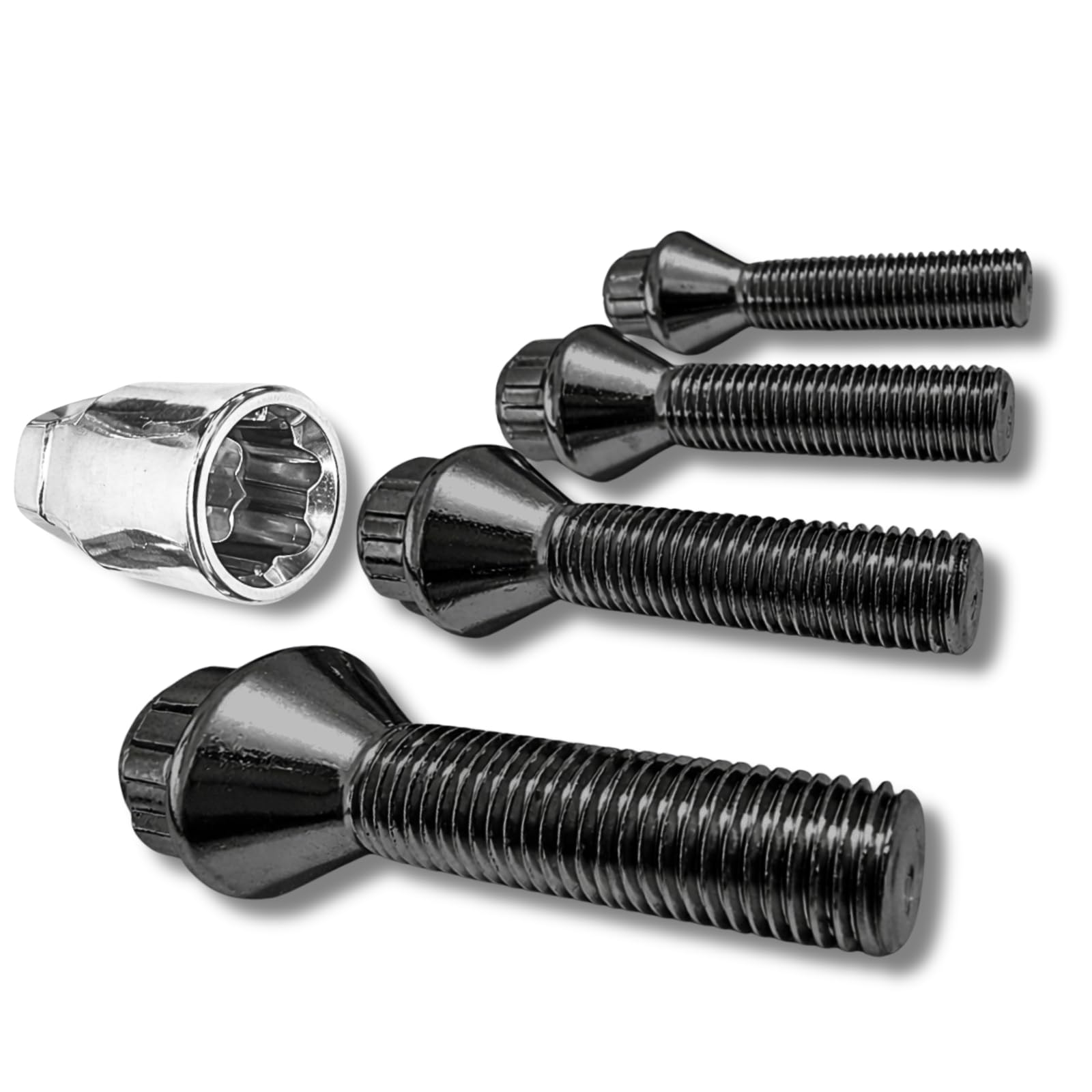 Lot de 4 écrous de jante M12 x 1,5 x 40 mm - Cône 60° - 4 serrures de jante noires - Sécurité anti-vol - Protection contre le vol