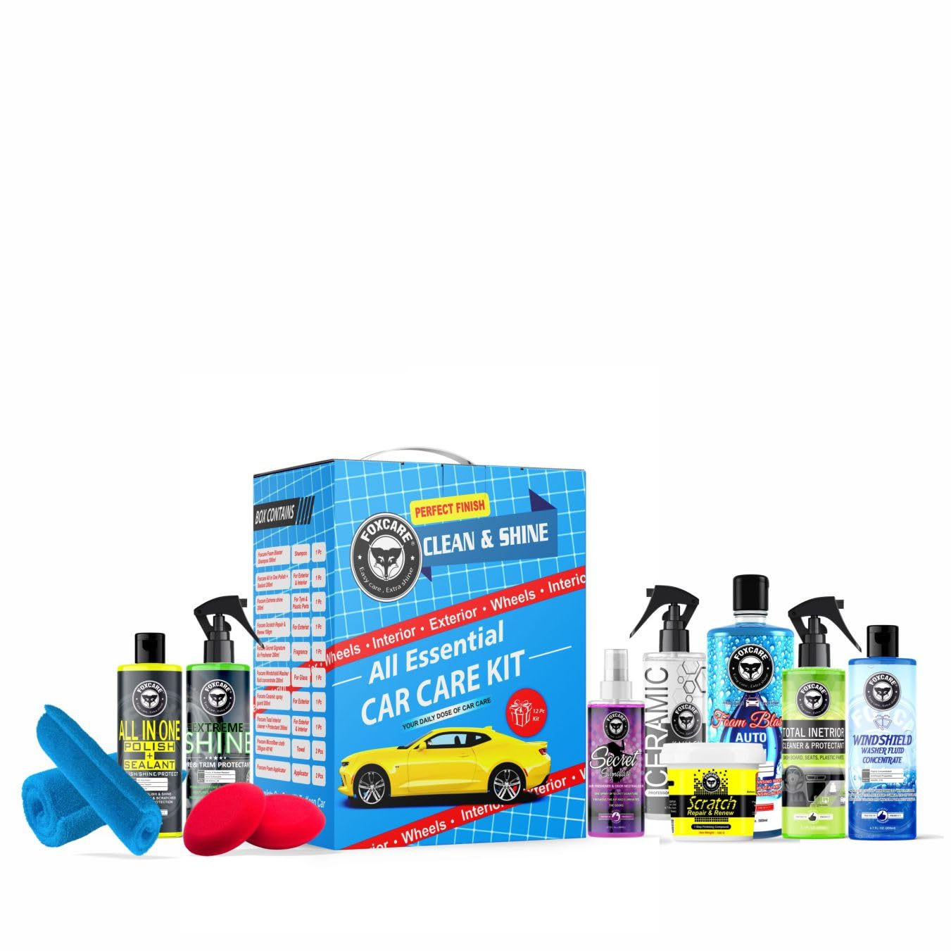 Foxcare Car Care Kit 12pcs | Car Polish, Ceramic spray guard,Total interior cleaner, Tyre shiner, Car Shampoo, Windshield Washer & Car Freshener, Scratch Remover, 2 Cloths, 2 Applicators-image-44