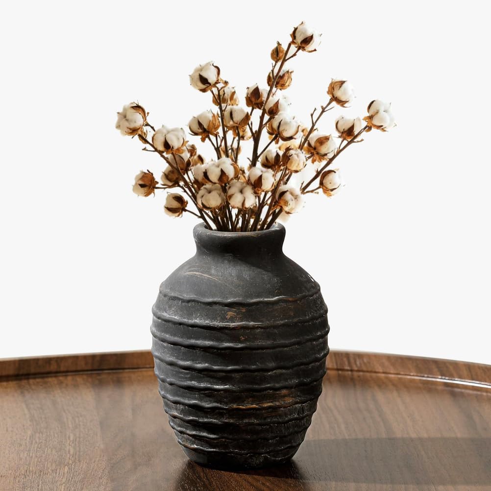 UCK-KIT Ceramic Farmhouse Vase Rustic Decor, 6.9 Inch Pottery Decorative Flower Vases, Minimalist Decorative Vases for Home Decor, Table, Living Room, Shelf, Mantel Decoration,Black