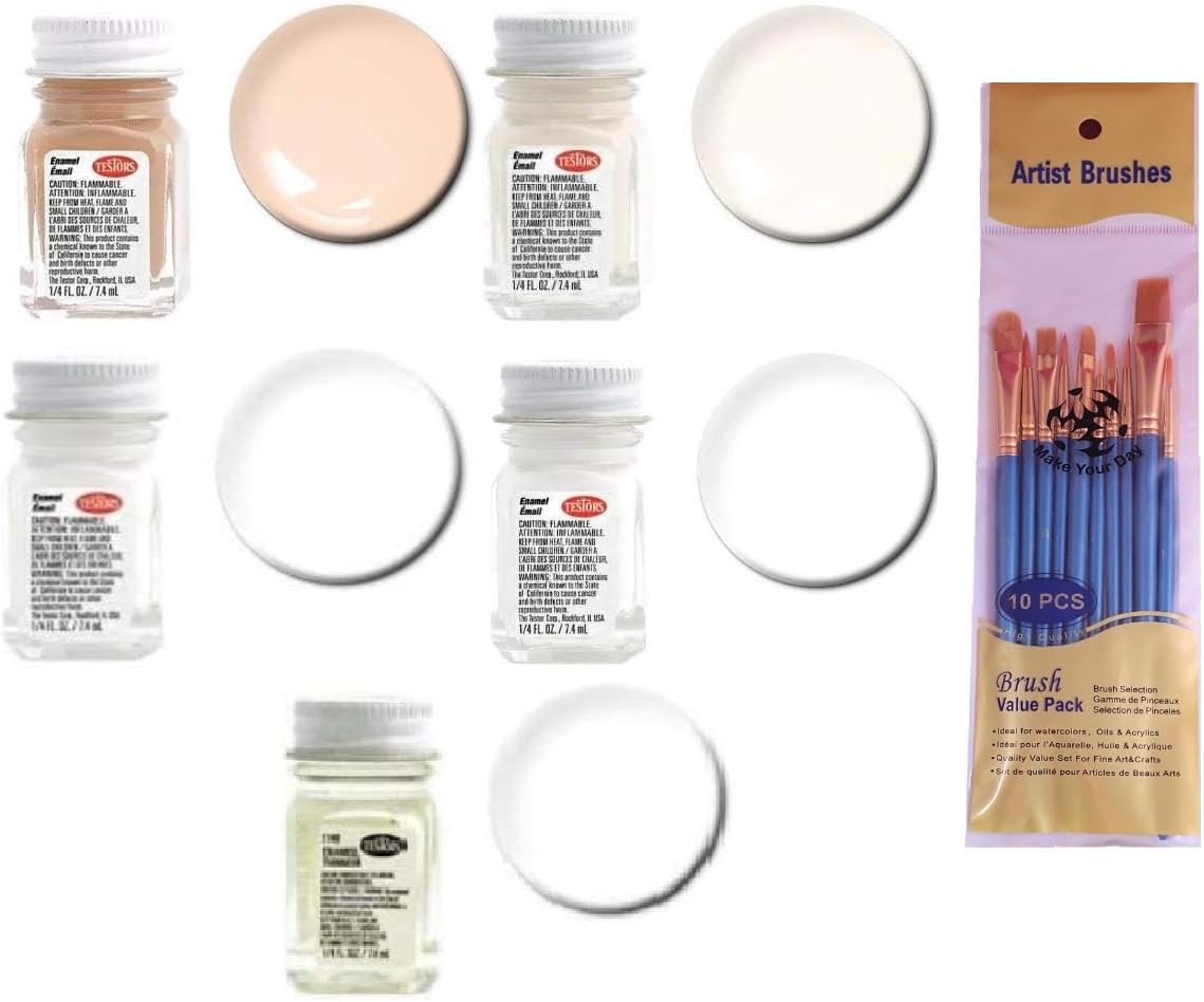 Make Your Day White Enamel Paint Variety, Cream, Light Ivory, Gloss White, Flat White, and Thinner 1/4 oz (Pack of 9) Paint Brushes