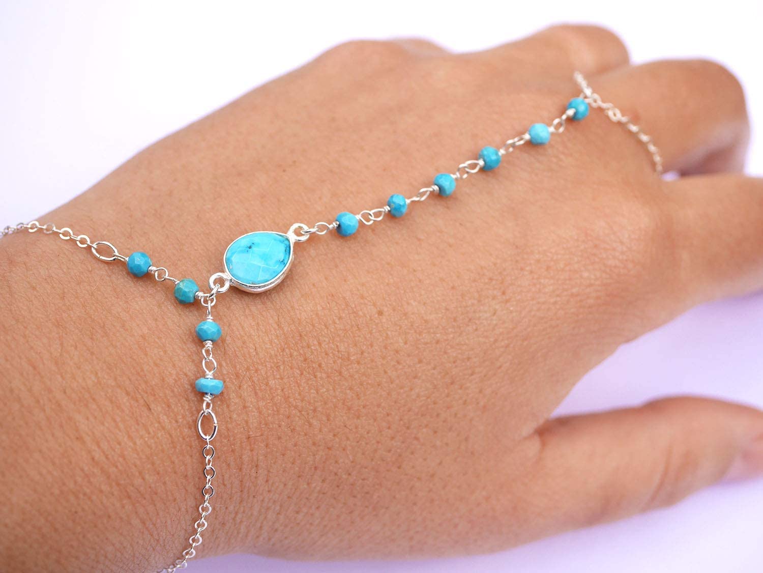 Bijoux de main - Pierre Turquoise - bracelet argent 925 - Chaîne argent - Bracelet de main - Bague argent - Chaine rosaire Turquoise - Boho