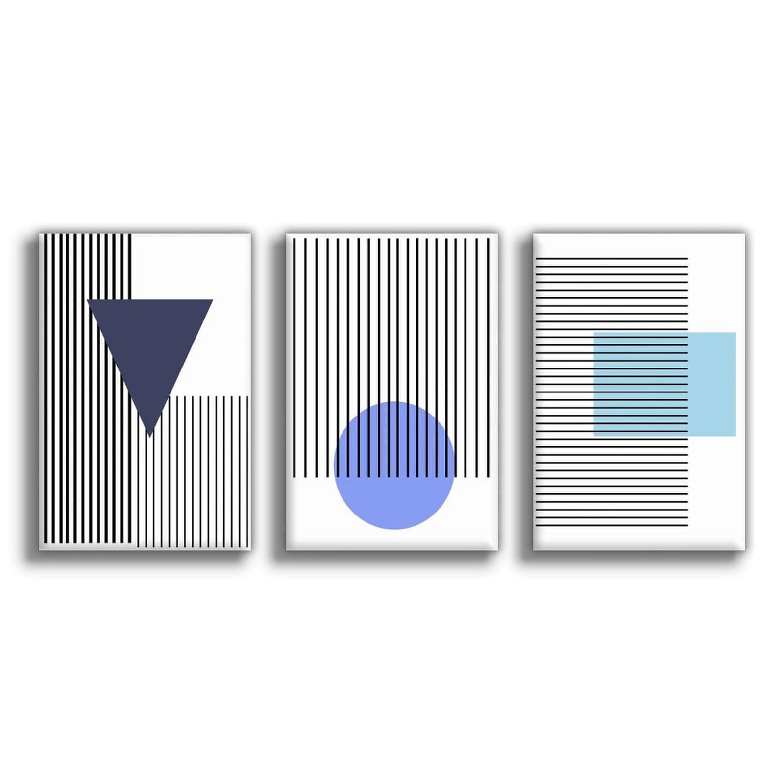 Juego de 3 impresiones geométricas abstractas azules, arte moderno de mediados de siglo, arte abstracto para pared, decoración geométrica de pared, decoración de sala de estar, decoración de oficina