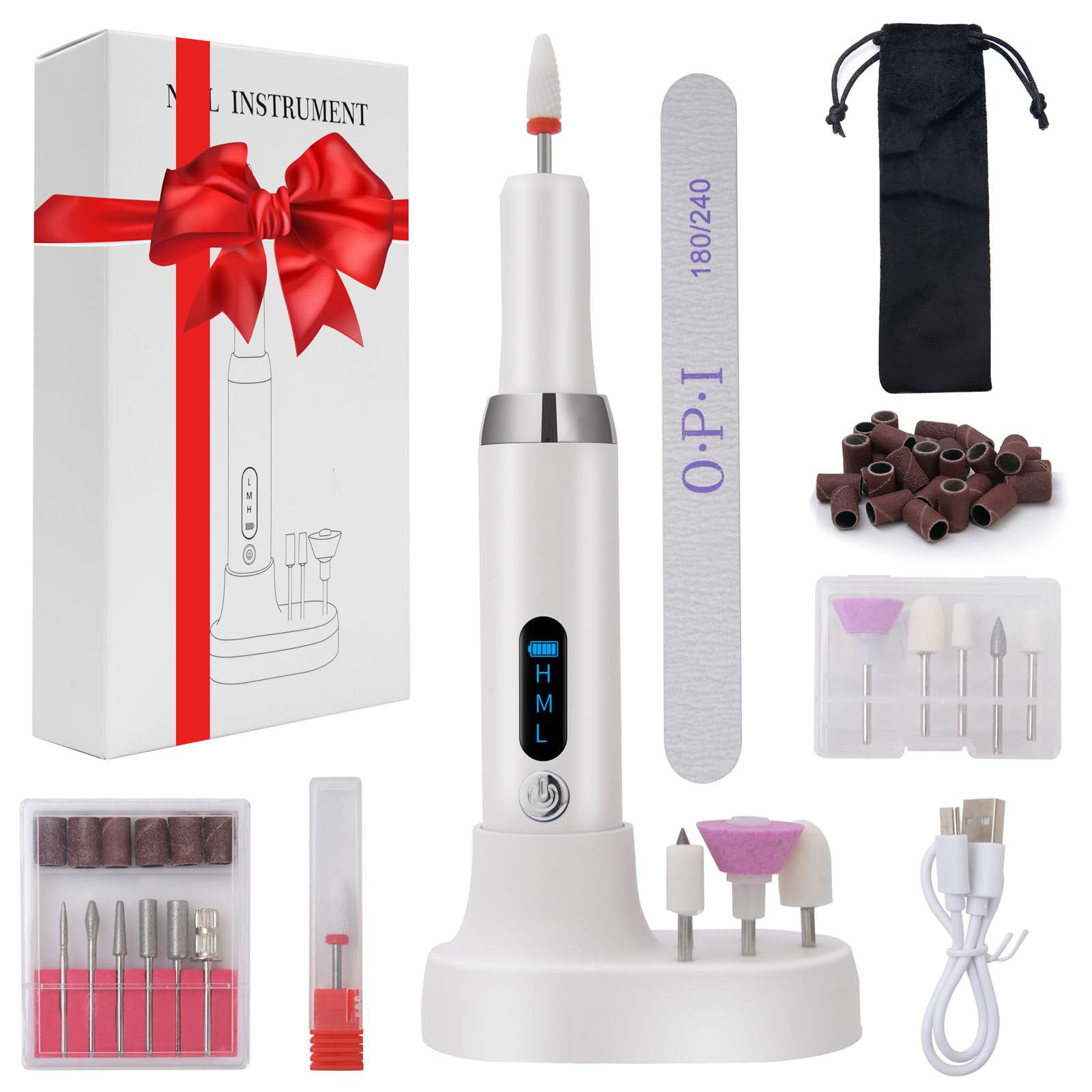 Lnopever 12 in 1 Electric Nail File for Acrylic and Gel Nails Cordless Electric Nail Drill with Base 3 Speeds E File Efile Nail Pedicure Tools & Accessories Women Gifts for Mum Beginner Girl