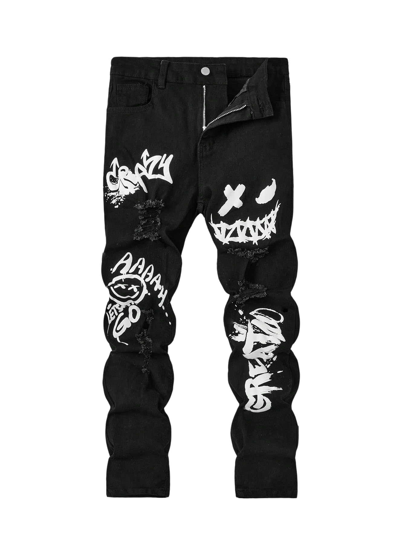 Boy's Stacked Ripped Skinny Jeans Cross Graphic Stretch Distressed Denim Pants Streetwear