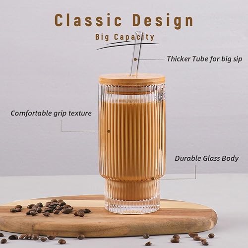 Miniatura 9 de Juego de 4 vasos de cristal acanalados, 13 onzas, taza de vidrio para beber estilo origami transparente, café helado, cóctel, cerveza, vasos de jugo