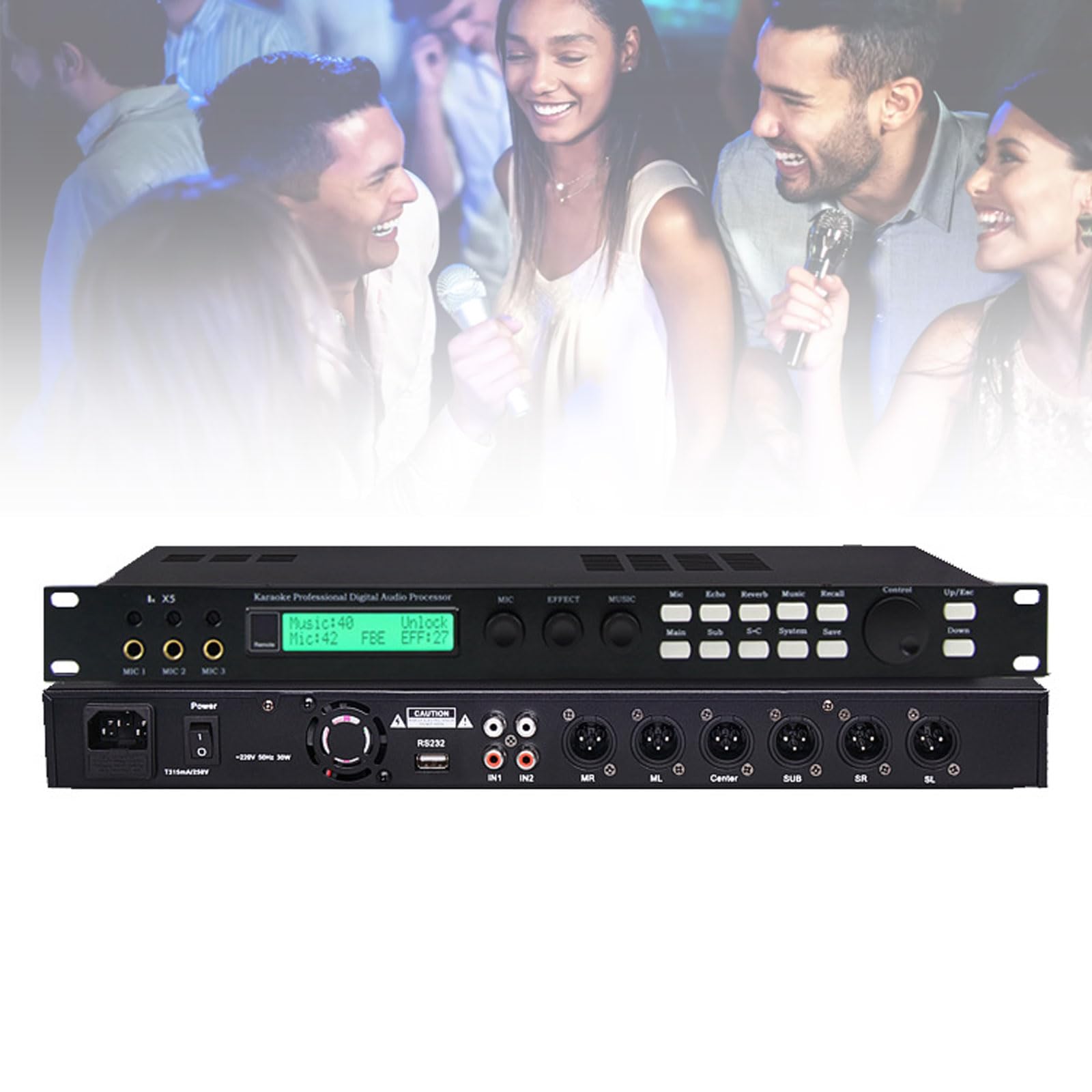 Effettuatore digitale professionale pre-stadio, 3 ingressi microfono, processore audio anti-ulula, regolazione equalizzatore microfono a 15 bande, per karaoke, palcoscenico, chiesa, performance