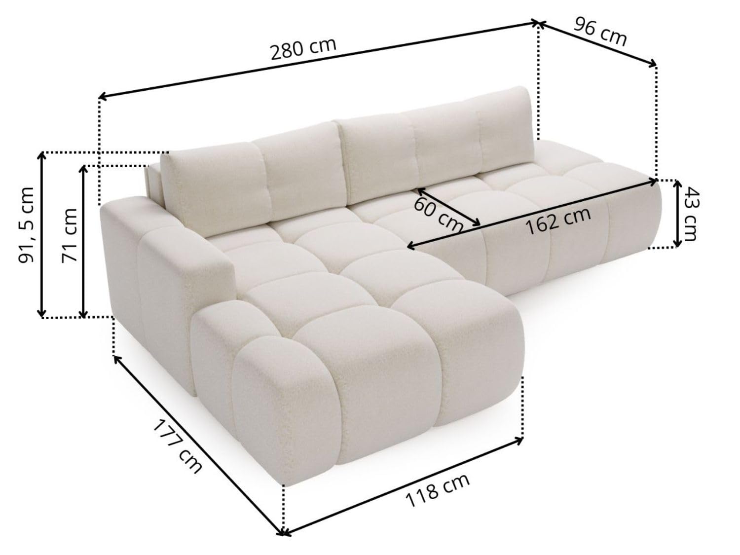 GRAINGOLD Montero L Ecksofa modern mit Bettfunktion, 280x177 cm, L-Form Sofa, Schlafcouch für Wohnzimmer, Bouclé-Stoff, 3-Sitzer Eckcouch, Ecksofa mit Bettkasten (Weiß, Rechts)