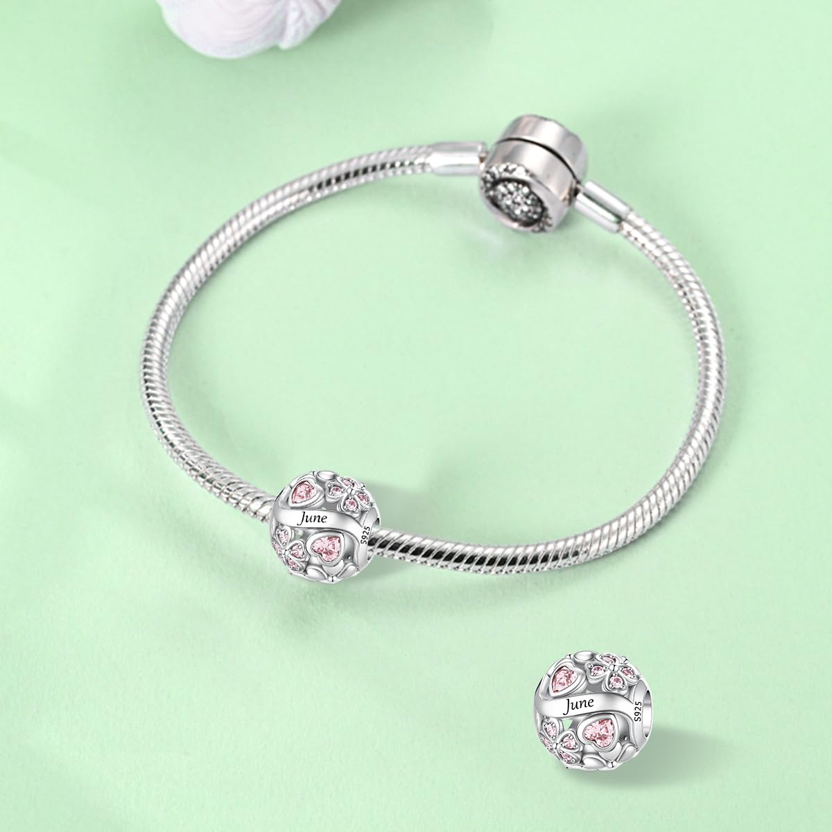 925 Pierre Pendentif en Argent de Naissance, Charm Porte-Bonheur Trèfle à Quatre Feuilles Ajouré, Cadeau d'Anniversaire ou Fête pour Femme