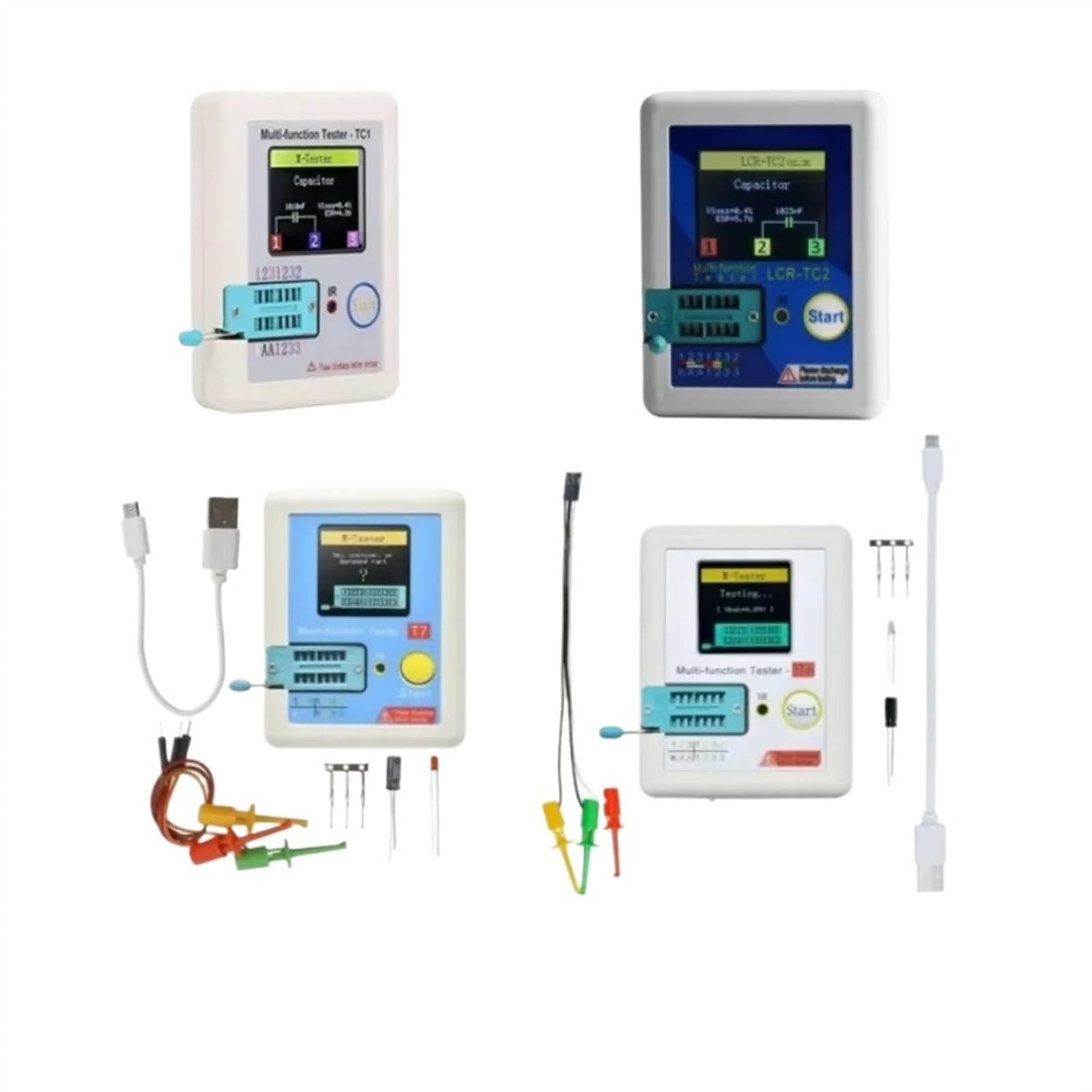 Front view of the LCR-TC2 Transistor Tester showing its TFT color screen and multi-function button.