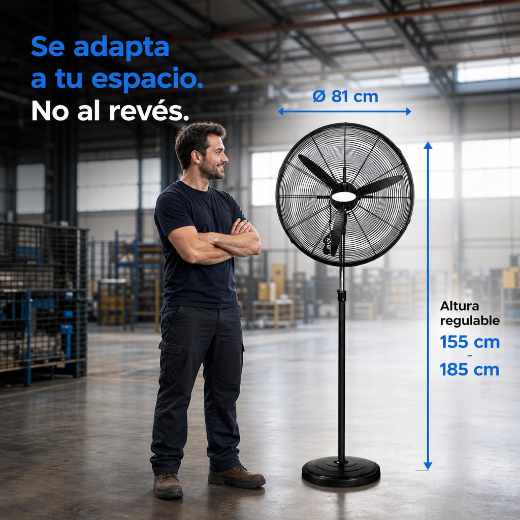 Ventilador Industrial de Pie Potente 280W | Oscilante y Orientable | 3 Velocidades | Diámetro 81cm | Altura Regulable hasta 185cm | Nave Taller Almacén Garaje