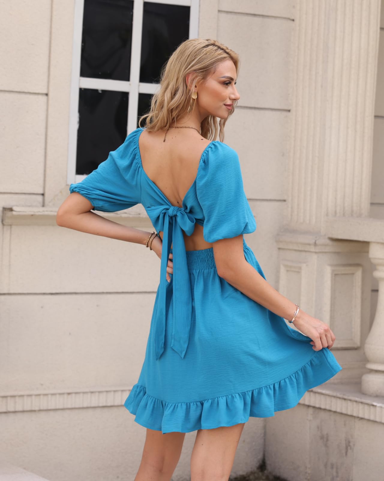 Fuinloth Robe d'été décontractée à manches bouffantes et col carré pour femme