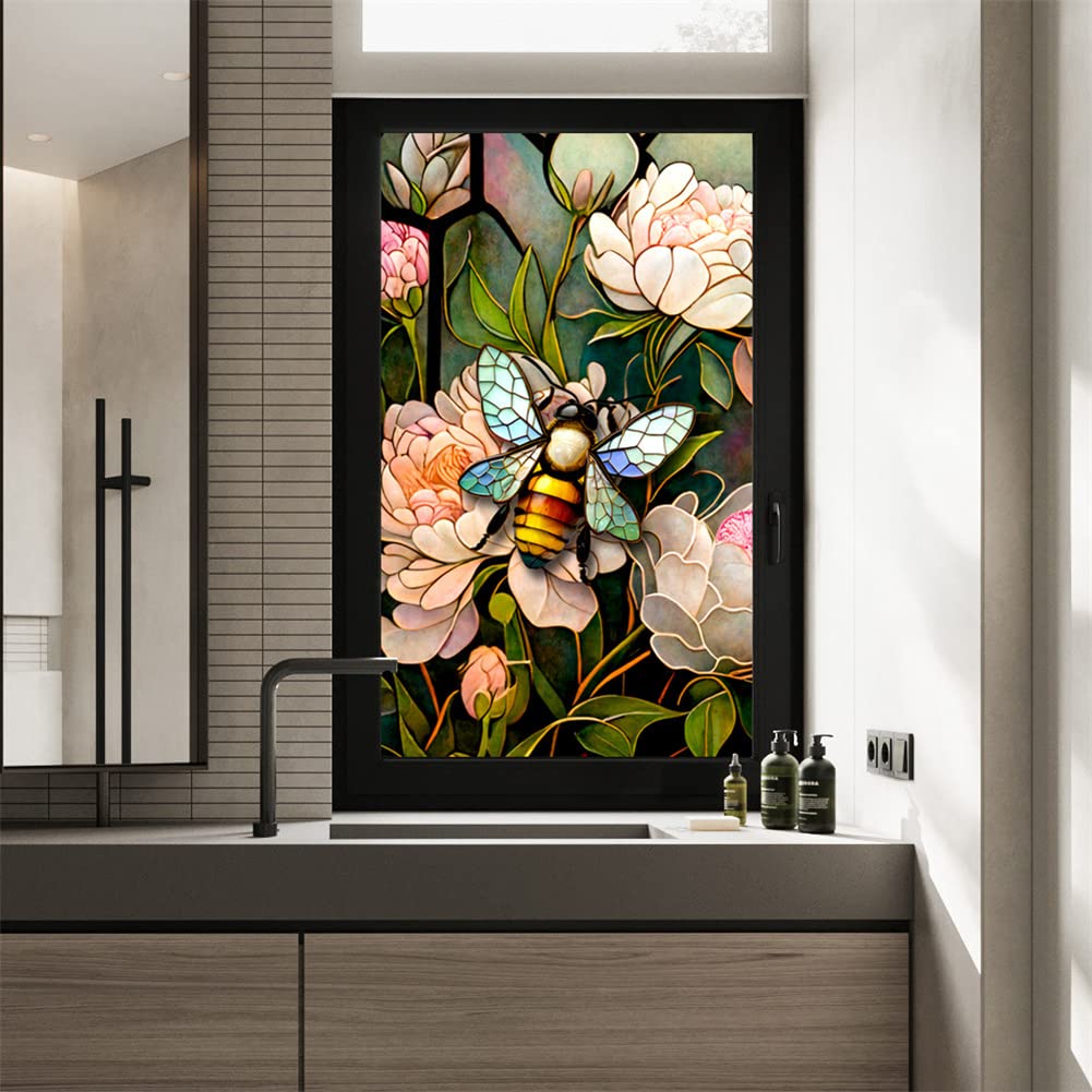 Elvaesther Privacy Window Film, Floral Bee Static Window Stickers, Non-Adhesive Removable Sun Blocking Stained Glass Static Cling Stained Glass Sun Blocker Heat Control for Home 45X100cm