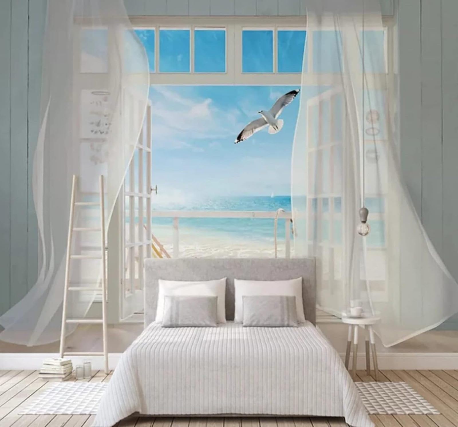 XLMING Three Dimensional Window Beach Birds in Flight Seascape 3D Wallpaper Luxury Home Dining Decor Paste Sofa Living Room The Wall for Bedroom Mural-300cm×210cm