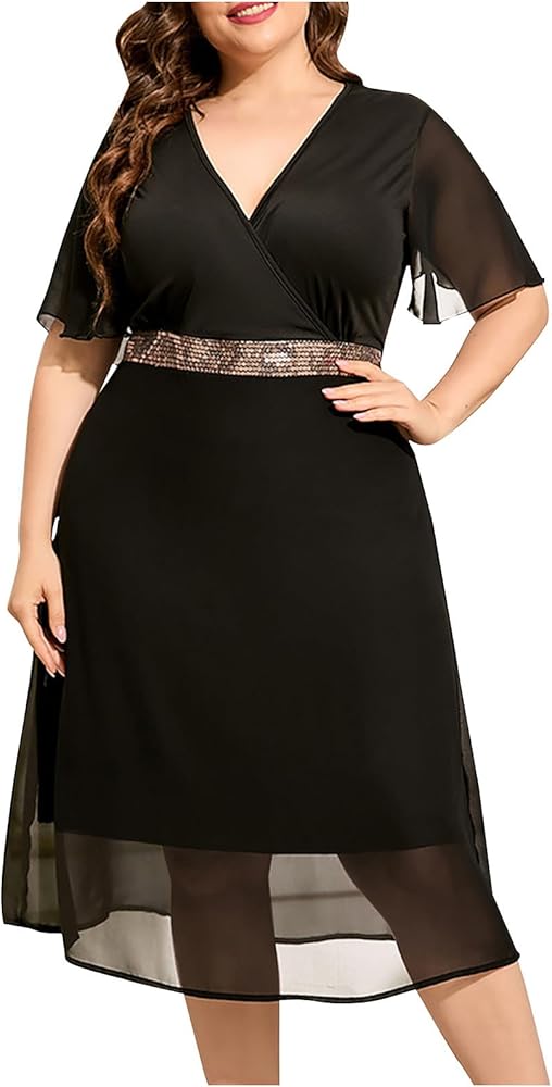 Amazon.com: JOAU Plus Size Dresses for Wedding Guest Formal Cocktail Chiffon  Wrap V Neck Dress Ruffle Short Sleeve Layered Midi Dresses Black : Clothing,  Shoes & Jewelry