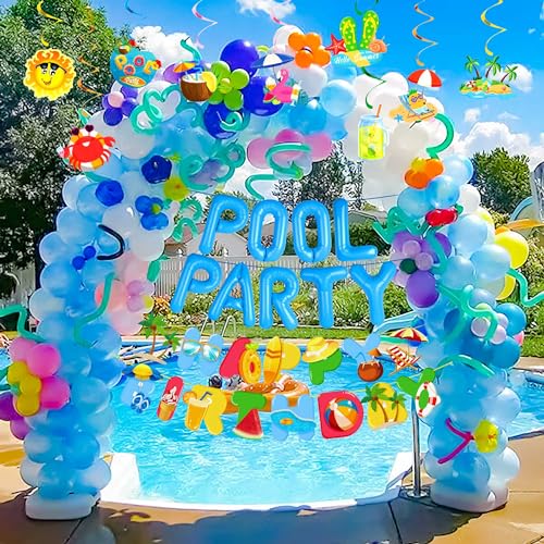 Image of Summer Pool Beach Hanging Swirls 9 Pack Ceiling Hanging Swirls Pool Party Balloons Swimming Pool Birthday Party Banner Beach Party Balloons