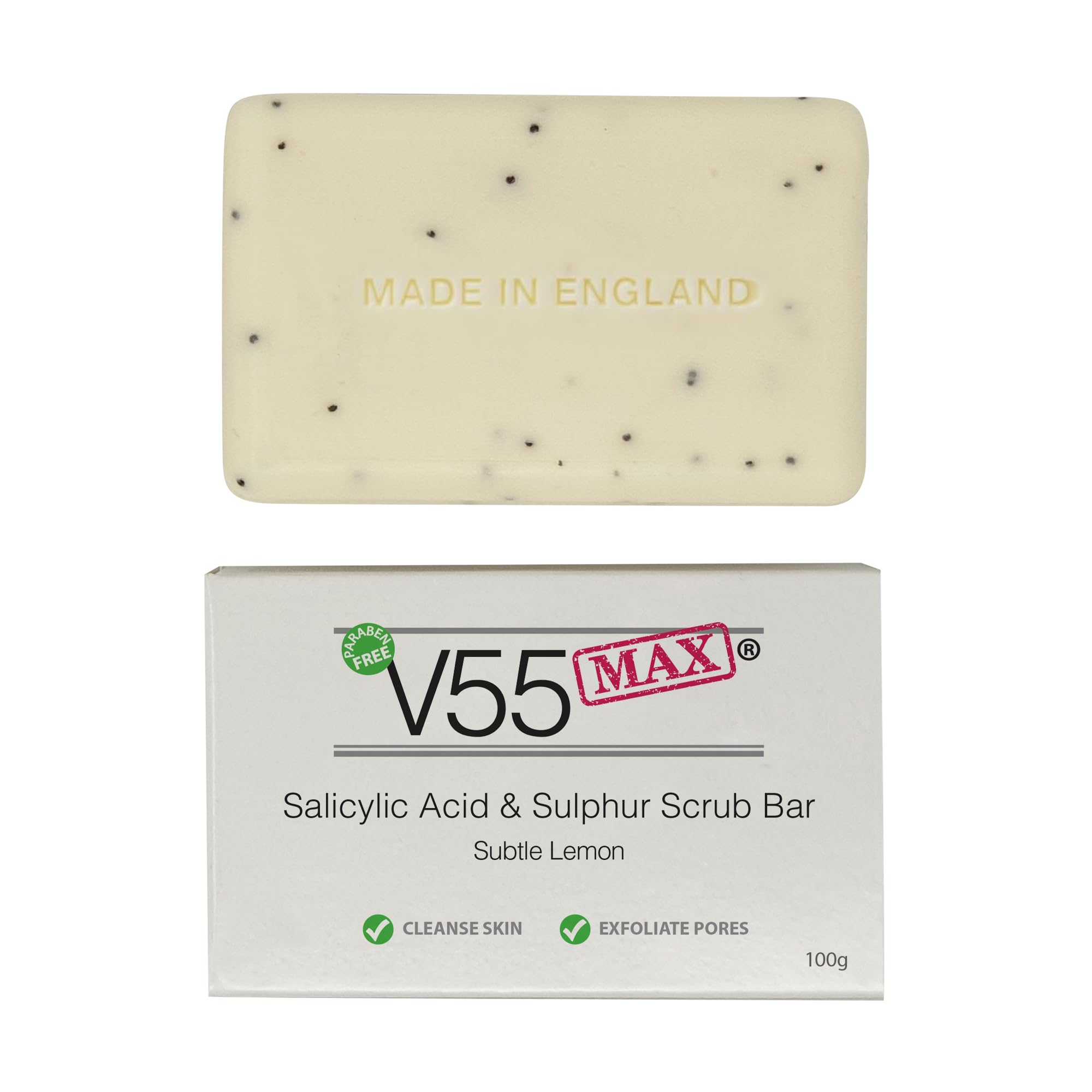 V55 MAXSalicylic Acid, Tea Tree Oil and Sulphur Soap Scrub for Spots Blackheads Milia Blemishes Problem Skin Suitable and Safe for those Prone to Acne - Paraben and Cruelty FREE - 100 g[Amazon-developed Certification] Compact by Design