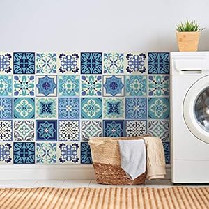 Walplus Tegelstickers Zelfklevende Tegels Schil En Plak Vinyl Decoratie Waterdicht Keuken Vloer Badkamer Woonkamer Kast Daliah Blauw Turquoise Mediterraan 24 Stks 15 Cm (6″)