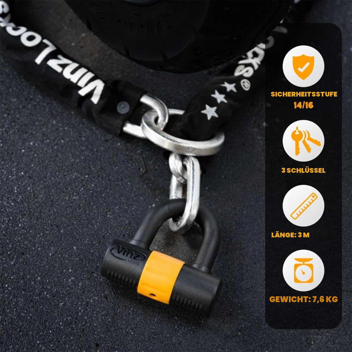 VINZ Kungur Kettenschloss ø10mm | ART 3 Zertifikat | Schloss für Roller Scooter Motorrad Moped E-Bike & hochwertiges Fahrrad | sicheres Rollerschloss Kette Loop U-Lock | 100-300 cm x (300cm)