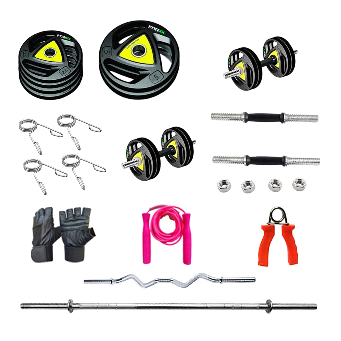 FITRXX 20 kg Home Gym Combo Set kit | 5ft Straight 3ft Curl Rod, 1 Pair Dumbbell Rod, Skipping Rope, Gym Gloves, Hand Gripper, Metal Rubber Coated Weight Plates (28mm Hole) Equipment for Men & Women (B0CQYYJHGW) Amazon Price History, Amazon Price Tracker