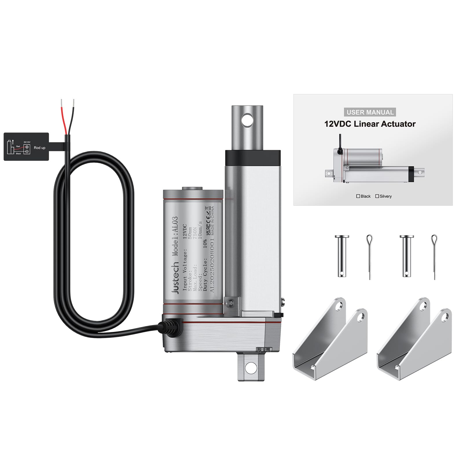 Justech Moteur Linéaire Actionneur Réglable Ouvre-porte 12V DC 750N 50mm Technologie Linéaire Moteur électrique Vérin Moteur à Courant Continu pour Voiture, Meubles, etc