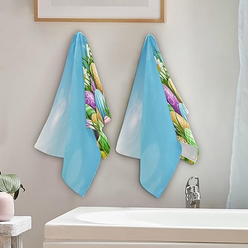 Miniatura 4 de Juego de 2 toallas de cara de conejo con huevos coloridos de Pascua, toallas de mano, toallas de playa, baño y cocina, 30 x 15 pulgadas