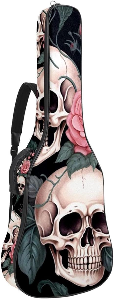 Housse Pour Guitare Acoustique Motif Tête De Mort Et Rose - Bandoulière Réglable 101.6-106.7 Cm