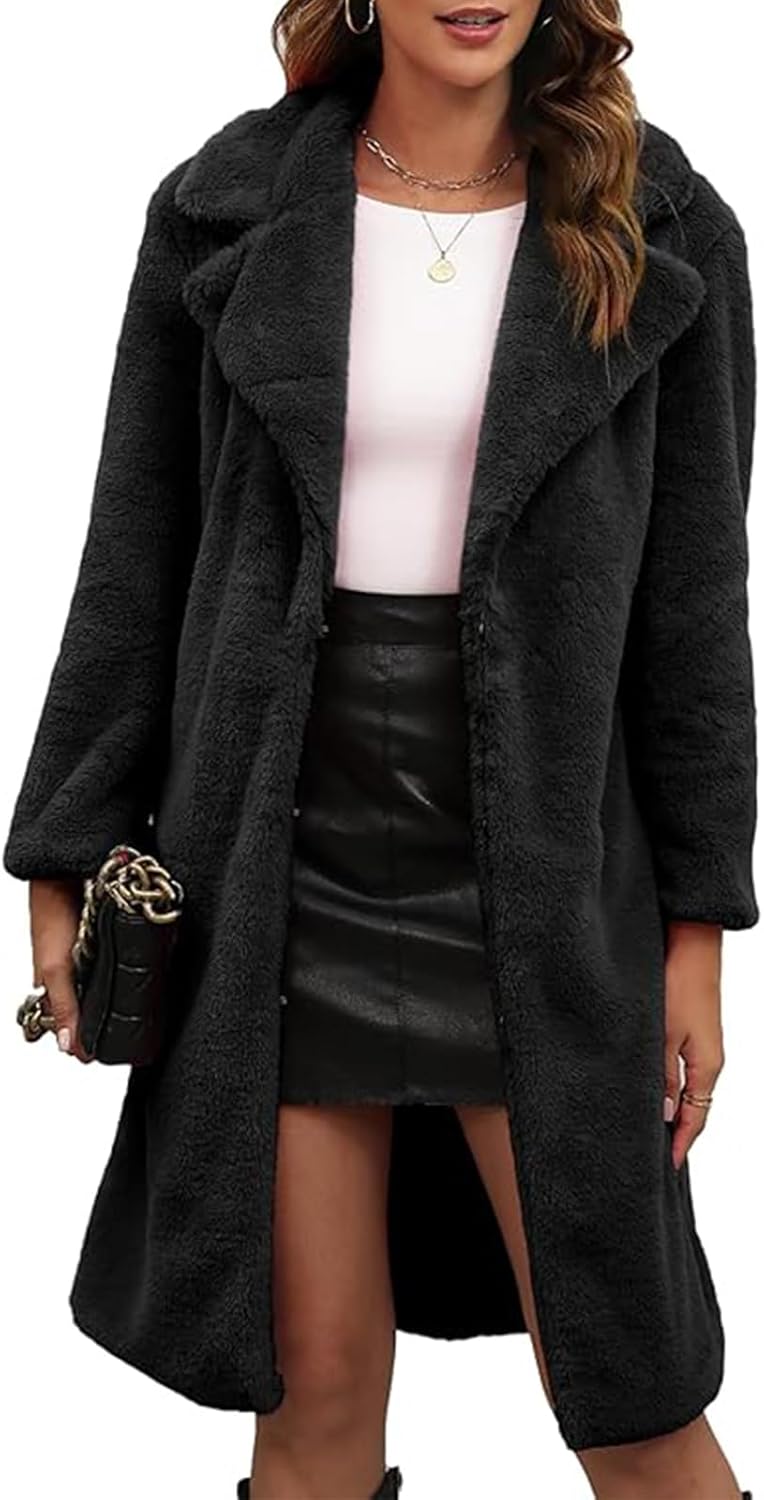Women's Faux Fur Coat Teddy Fuzzy Fleece Open Front Elegant Lapel Collar Long Sleeve Longline Loose Jacket