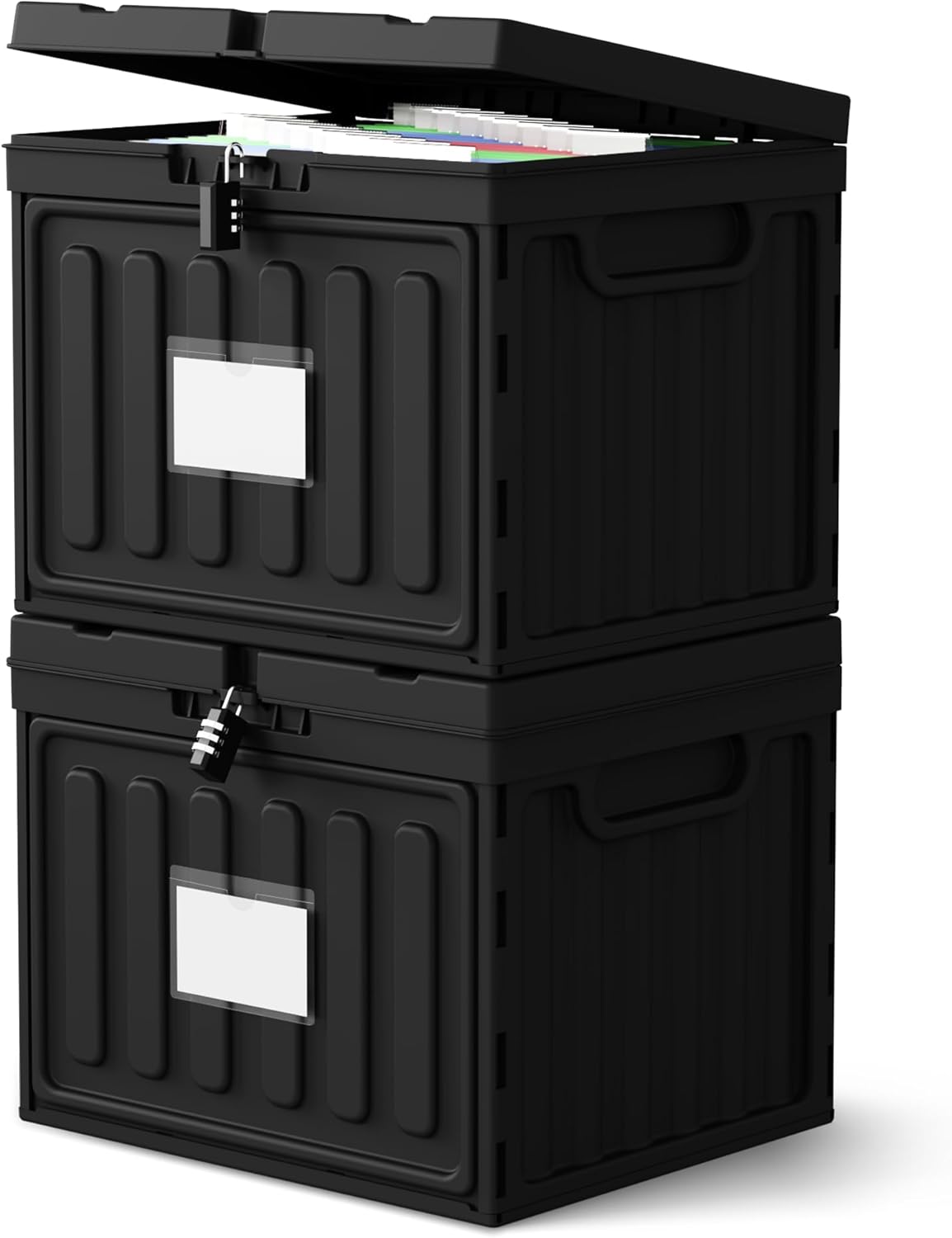 Oterri Plastic File Box with Lid for Letter Size Hanging File Folders, Hanging File Folder Box for Home, Office, School, File Cabinet, Assembly File Organizer, Stackable Storage Bins, Black 2Packs