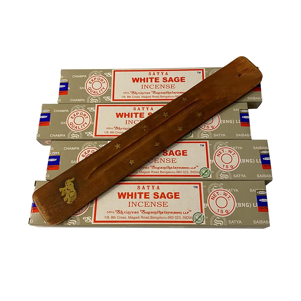 VIE Satya Incense Sticks, 4 Packs x 15g, with Incense Holder, White Sage