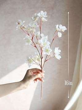 8PCS Artificial Cherry Blossom Flowers, 16 Inch White Faux Sakura Stems | Soft Premium Silk cherry blossom branches. Bendable. Less Maintenance. Ideal for spring weddings, DIY Wreaths, Home Decor