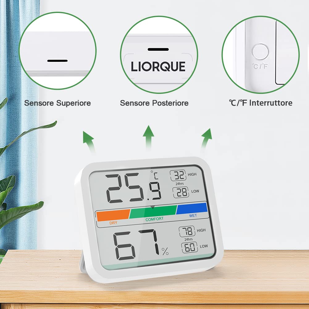LIORQUE Igrometro Termometro Digitale Termometro Ambiente Interno Misuratore di umidità e Temperatura per Il Monitoraggio Ambiente in Casa e Ufficio Registrazioni Max/Min(Batteria Inclusa)