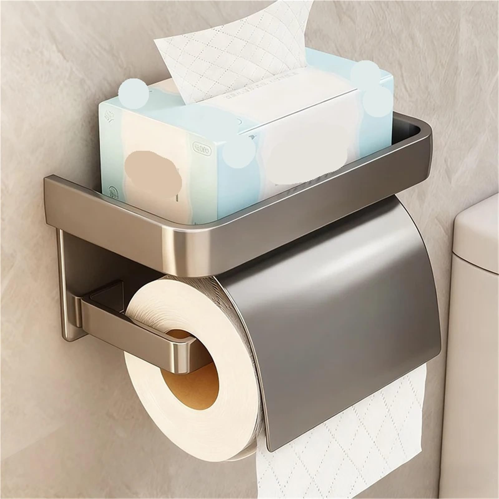 Portarotolo WC adesivo con mensola Porta carta igienica senza foratura | Ripiano portaoggetti for dispenser di fazzoletti for carta in rotolo for bagno(JS A silvery rack)