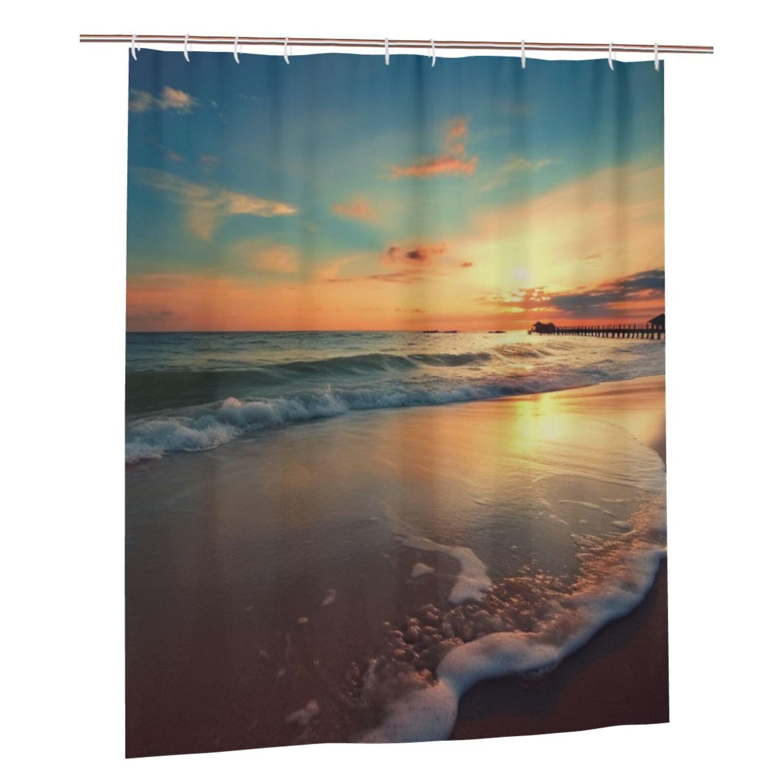 BWWHCCTI Sunset Beach Printed Shower Curtain With 12 Plastic Hooks Opaque Quick Drying Waterproof Shower Curtains Sets For Bathroom 152x183 Cm