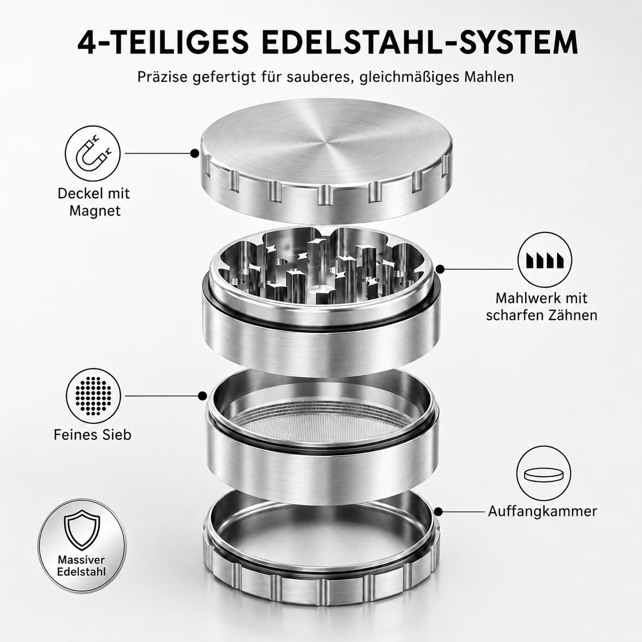JCASE Edelstahl Grinder 63 mm, 4-teilig – massive Kräuter- & Gewürzmühle aus rostfreiem Stahl, 435 g, mit feinem Sieb, Magnetdeckel & Hardcase-Tasche