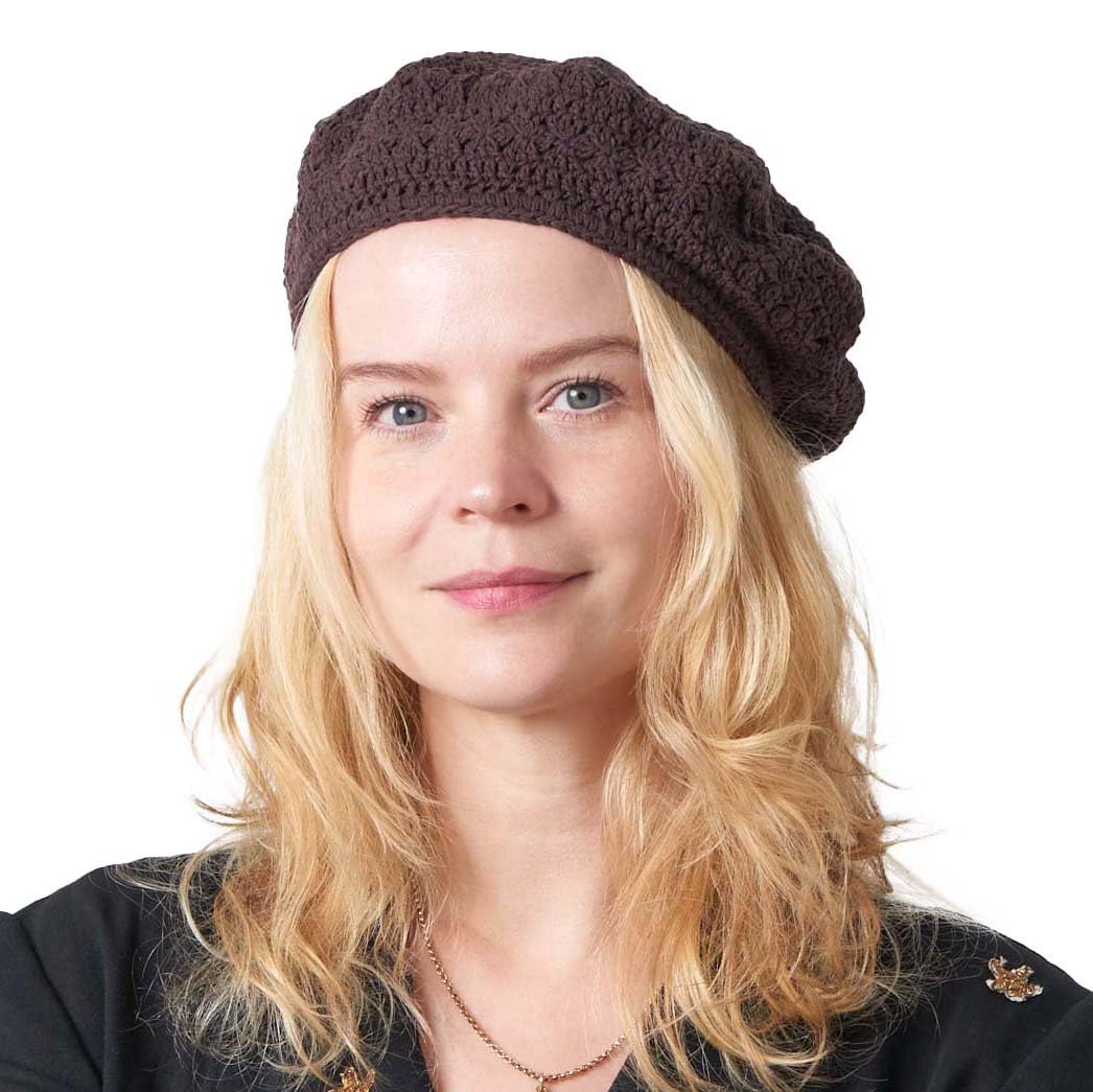 CHARM Womens Mens French Beret Hat - Summer Hand Knitted Ladies Hats 100% Cotton Beanie Berets Crochet Caps Dark Brown