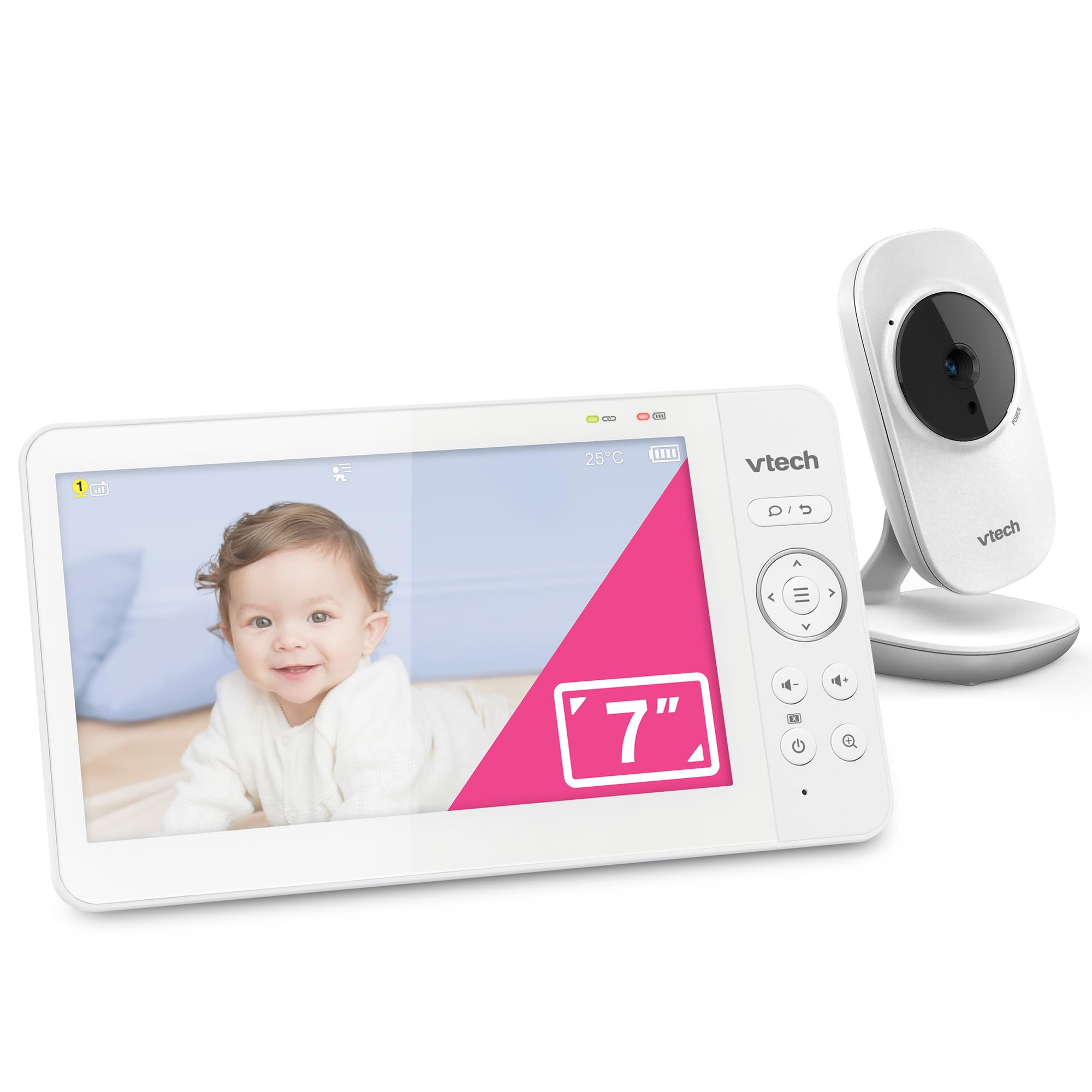VTech baby monitor video con schermo LCD a colori da 7", ninne nanne, suoni rilassanti, comunicazione bidirezionale, sensore di temperatura, visione notturna, ampia portata, senza Wi-Fi: 819 Max