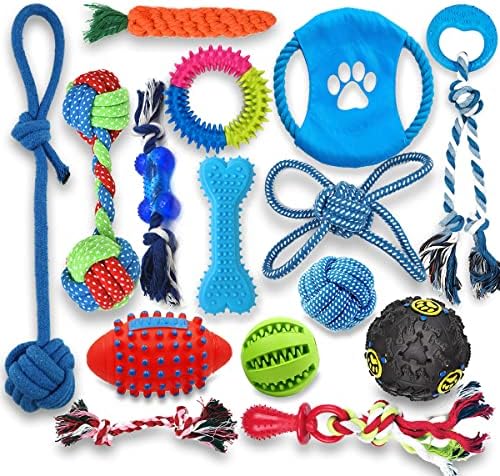 Beiker Puppy Teething Chew Toys - 15 Pack Durable Small Dog Toys for Puppies, Dog Rope Chew Toys Bundle for Boredom, Interactive Squeaky Treat Dispensing Ball, Funny Flyer, Non-Toxic & Safe