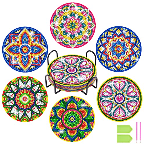 AUAUY 6 PCS DIY Diamant Peinture Dessous de Verre, Mandala/Animal Acrylique Coaster Kit avec Support, Diamond Painting Coasters pour La Maison, Bureau Adultes Enfants Débutants Amateurs d'art Cover