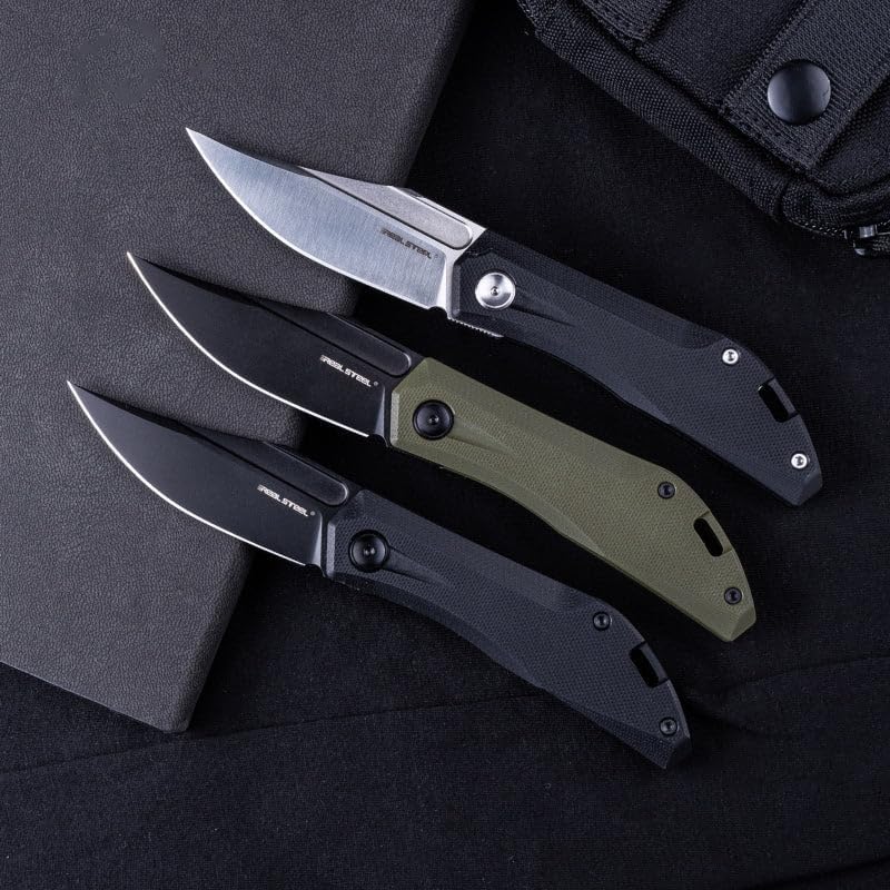 REALSTEEL Ventus Lite Folding Knife,Pocket Knife,Global Original ATS Slipjoint,Nail Nick,3.03" D2 Black PVD Blade,2.59 Oz,G10 Handle,Bowie Blade,Pocket Clip,Versatile Outdoor Indoor EDC(Black Black)