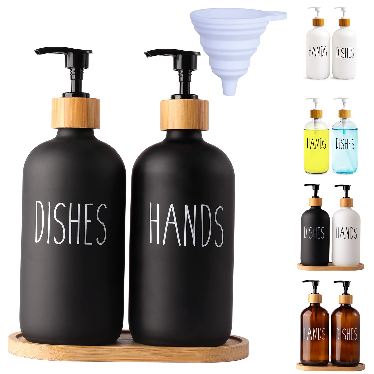 LOOCHICA 2 Pack Black Glass Soap Dispenser Set with Tray, Hand and Dish Glass Soap Dispensers for Kitchen Sink, Matte Black Soap Dispenser Suitable for Kitchen Sink, Rustic Kitchen Décor