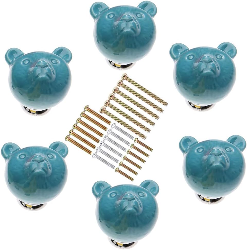 Marstree 38mm Bear Ceramic Knobs Drawer Handles Pulls for Wardrobe Cupboard Dresser Cabinet Closet Kitchen Furniture with Screws (Pack of 6, Blue)
