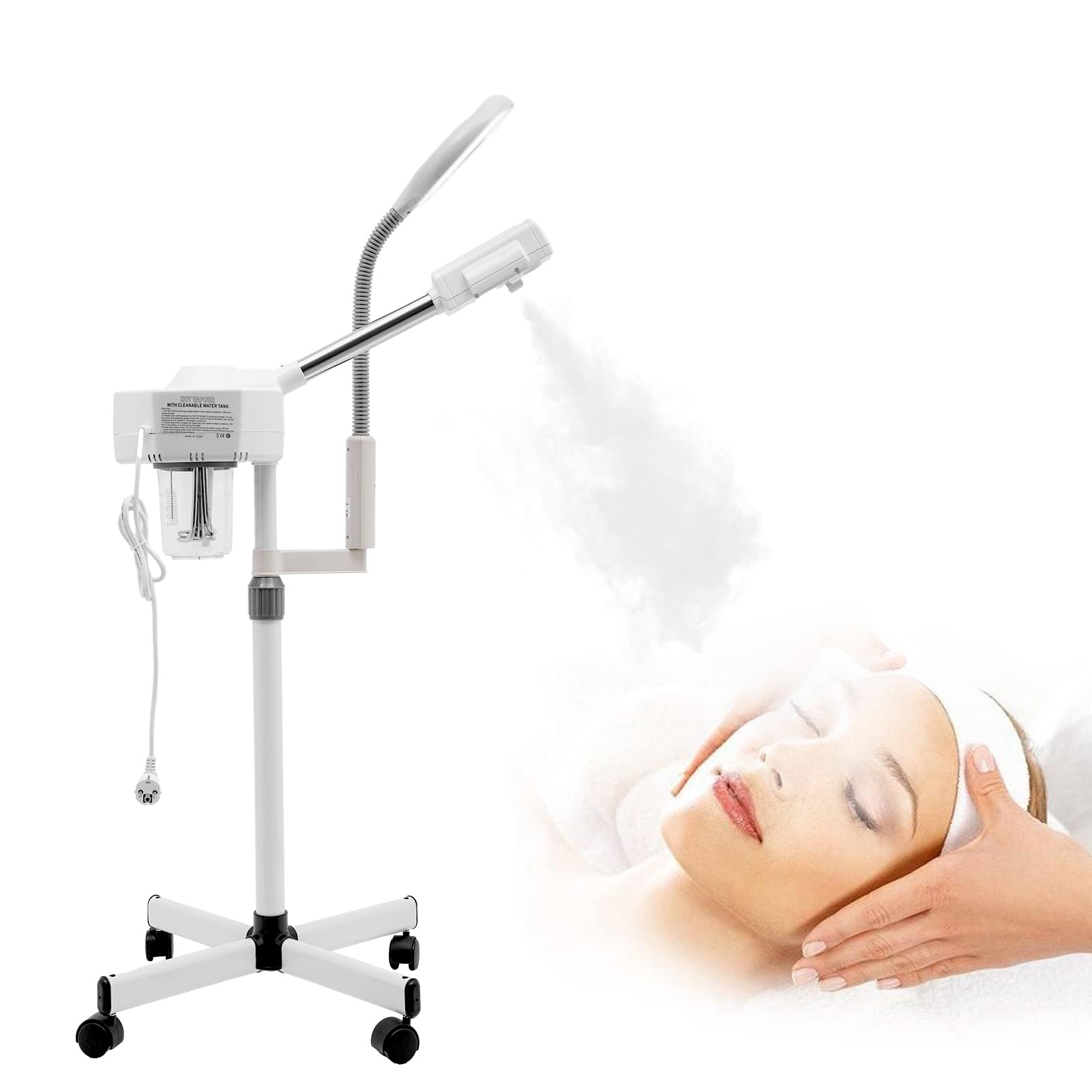 Gesichtsdampfer, 2 in 1 Bedampfer Kosmetik mit Räder, 800W Porenreiniger Gesichtssauna mit 5 Fache LED Lupenleuchte, Multifunktions Dampf Gesicht Gerät für Haushalte, Schönheitssalons, Spas